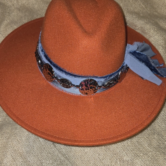 Custom Stylish Orange Wide Brim Fedora with Blue Band And Metal Silver Accent